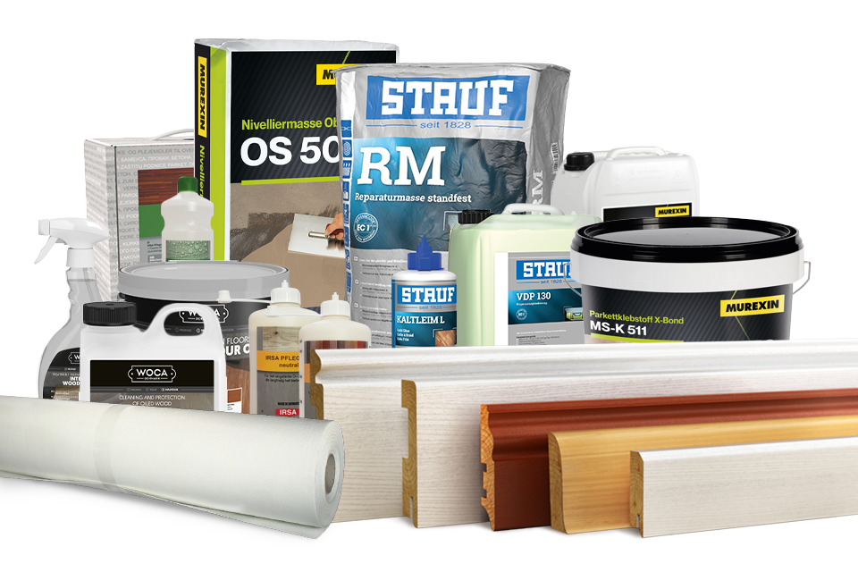 Zubehör Auswahl 2024 – Kleber, Öle, Lacke, Reiniger, Leisten, Grundierungen, Spachtelmassen und mehr